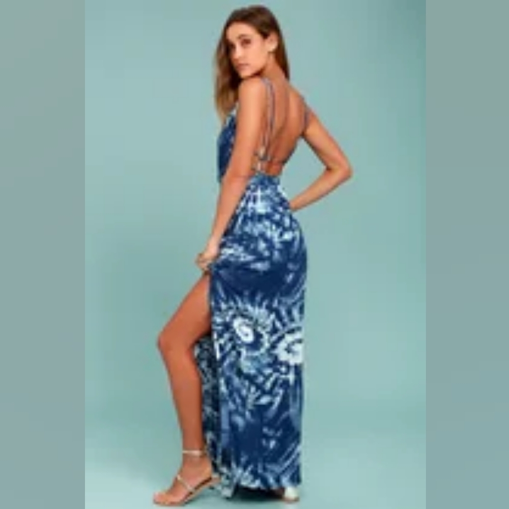 Lulus Blue Tie-Dye Strappy Open Back Maxi Dress Medium Summer Resortwear Beachy